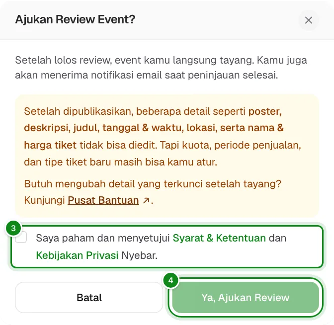 Centang persetujuan dulu agar tombol Ya, Ajukan Review aktif.