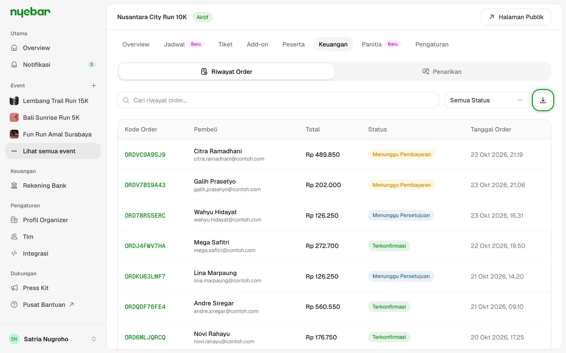 Sub-tab Riwayat Order dengan tombol Export CSV.