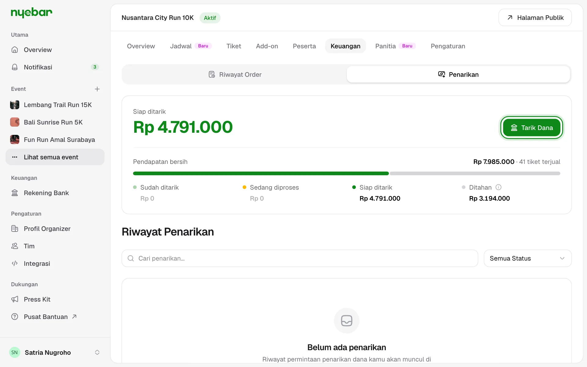 Sub-tab Penarikan setelah event berakhir, dengan tombol Ajukan Penarikan.
