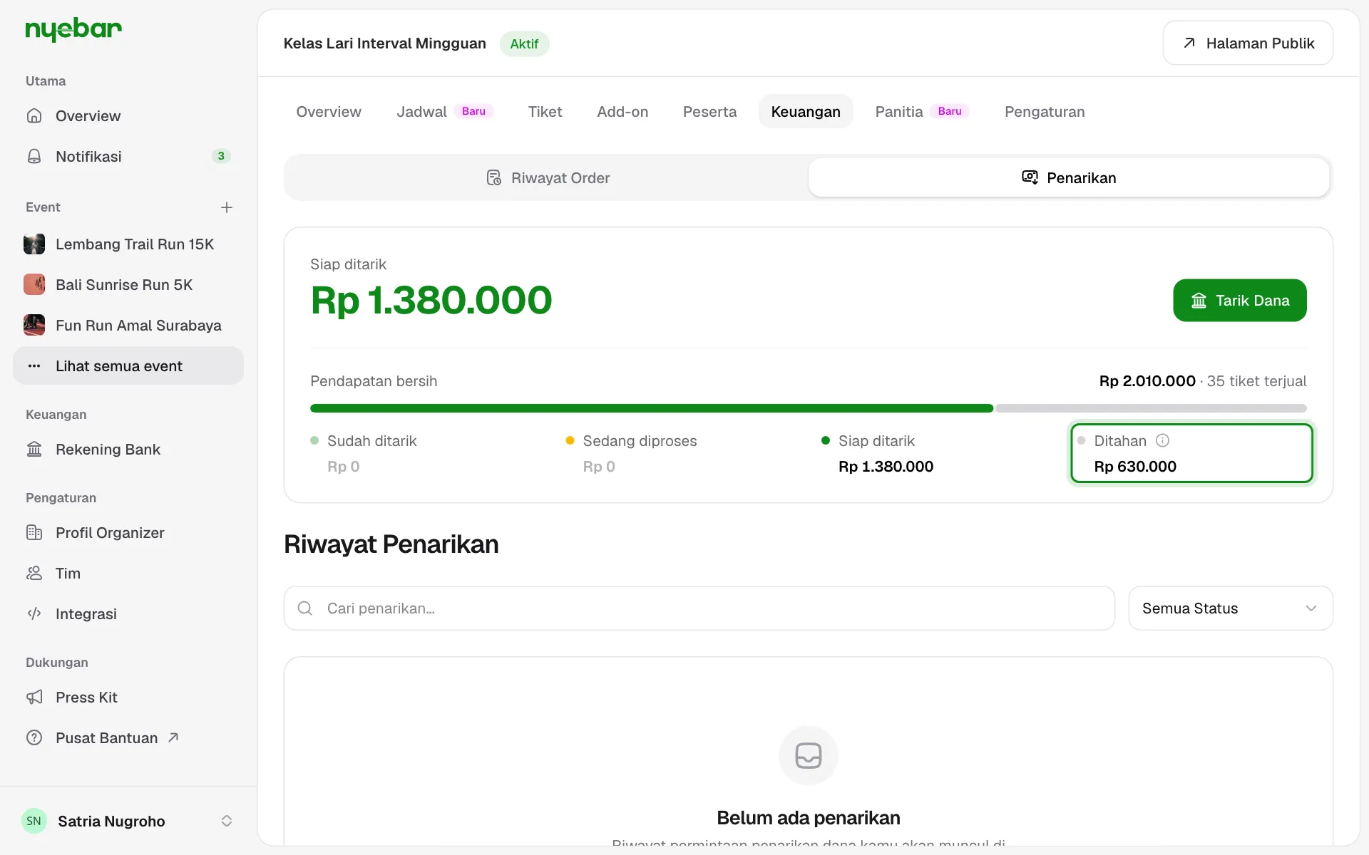 Kartu saldo event dengan beberapa jadwal di sub-tab Penarikan.