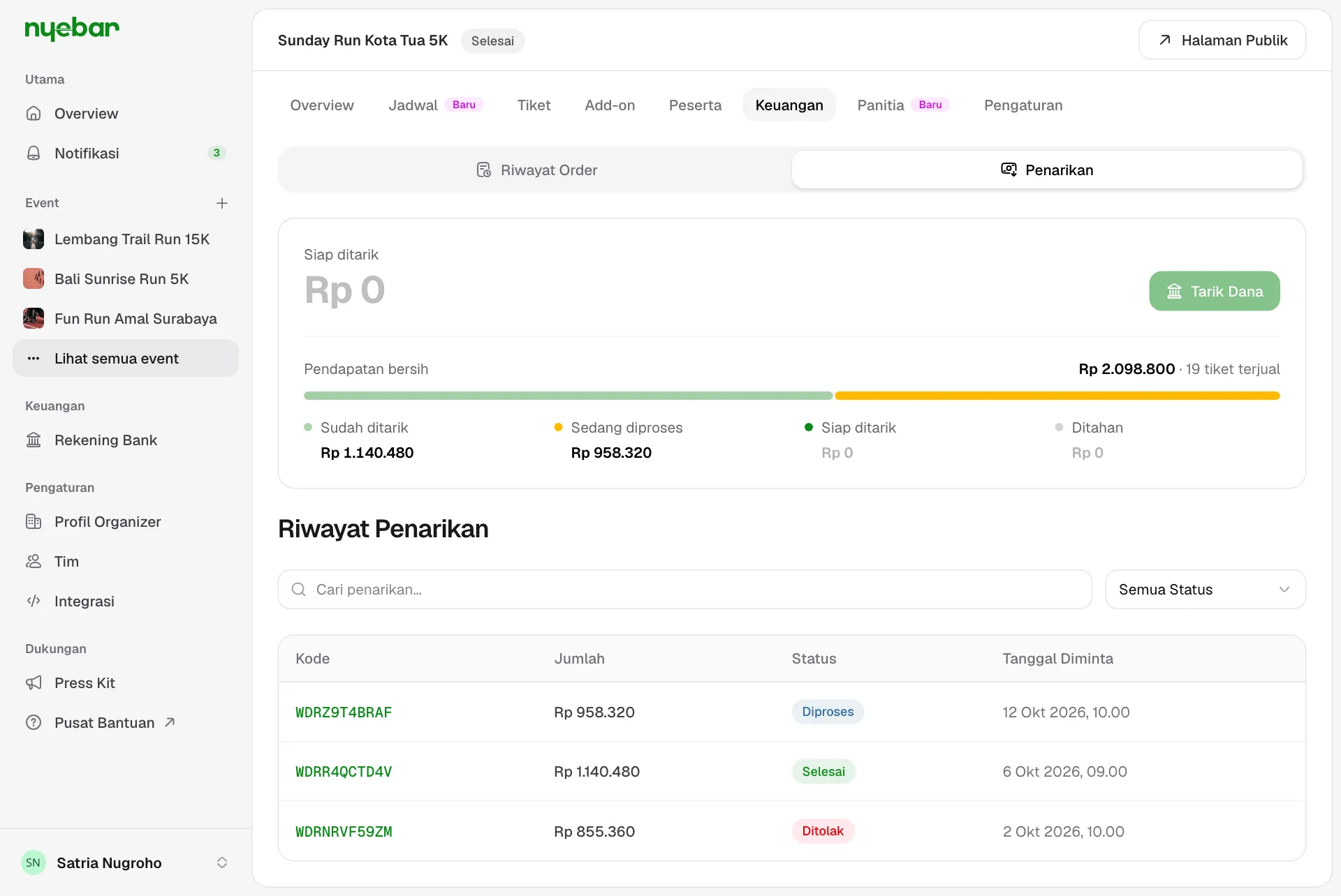 Ringkasan dana dan riwayat penarikan beserta statusnya.