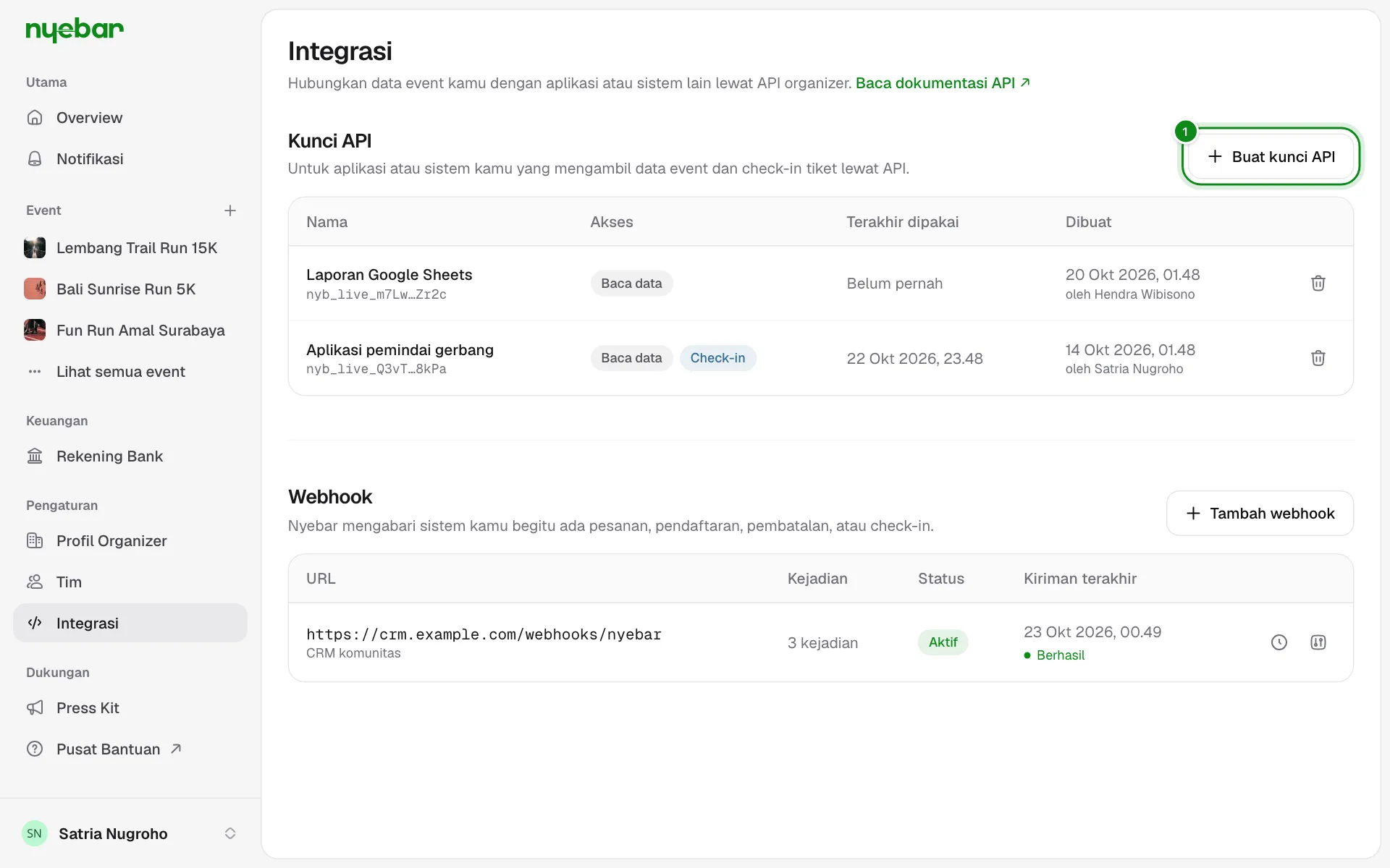 Halaman Integrasi berisi daftar kunci API dan tombol Buat kunci API.
