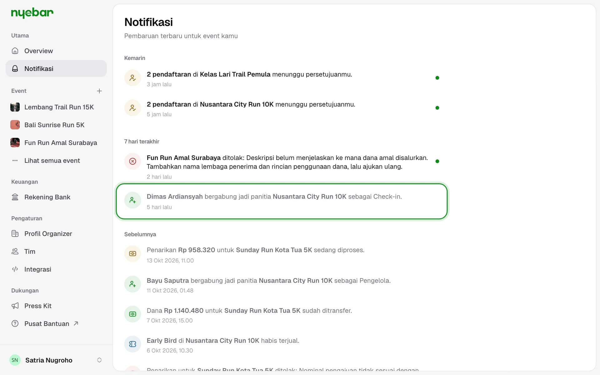 Halaman Notifikasi dengan notifikasi panitia yang bergabung.