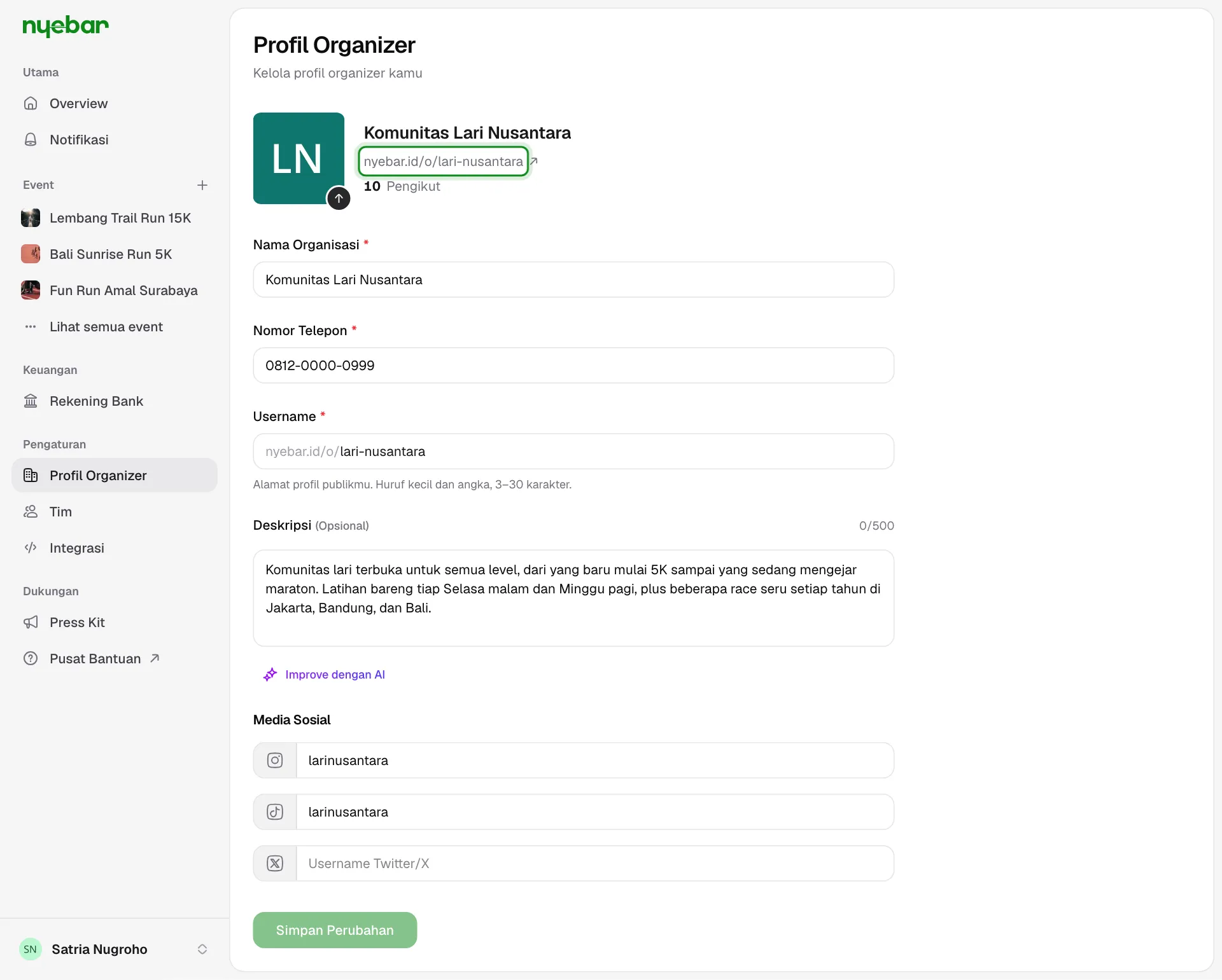 Alamat profil publik tampil di bawah nama organizer.