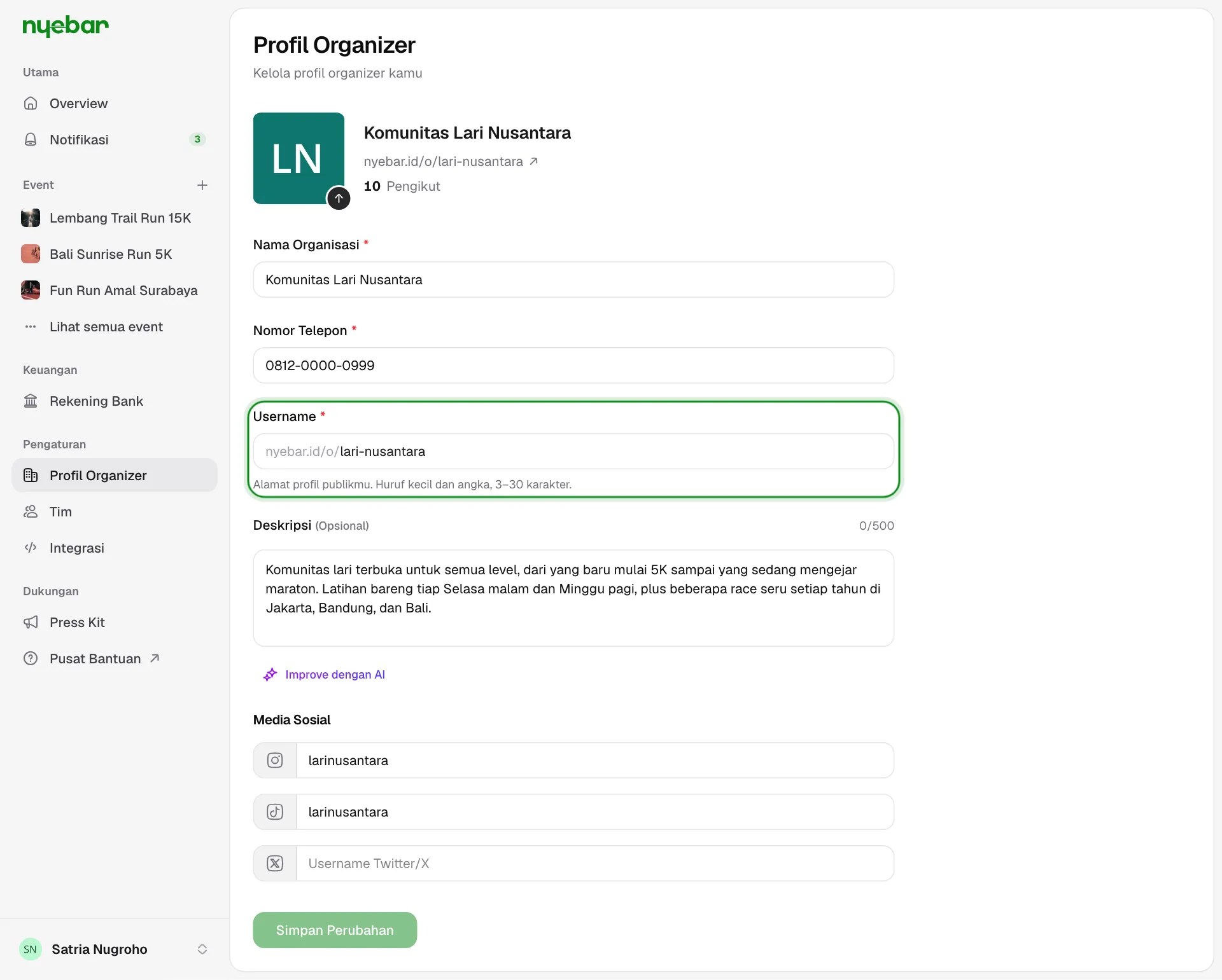 Form Profil Organizer, lengkap dengan cek ketersediaan username.