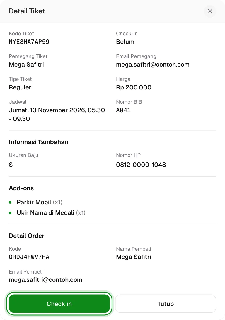 Klik Check in di Detail Tiket untuk menandai peserta hadir.