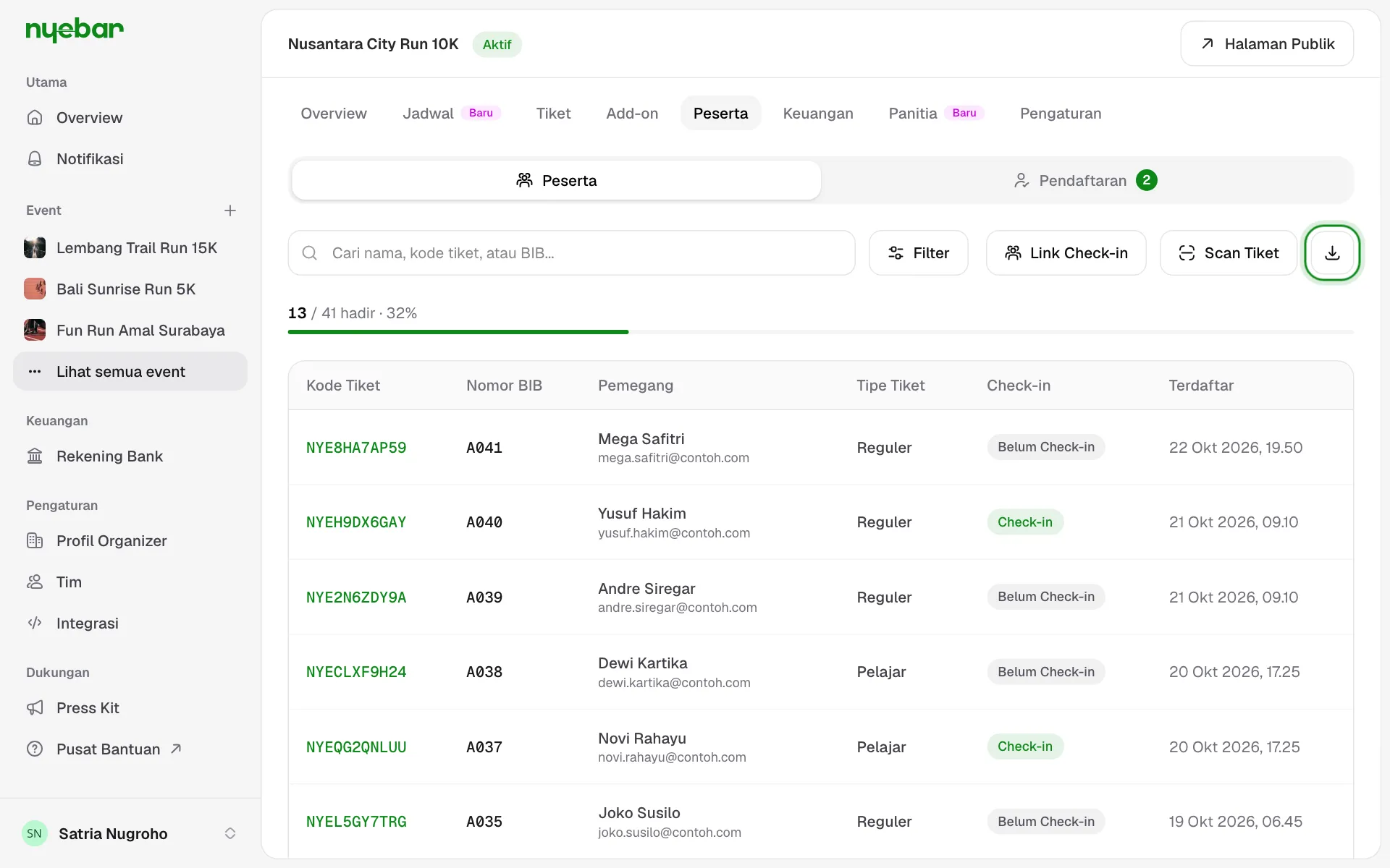 Tombol Export Excel berupa ikon unduh di ujung kanan toolbar.