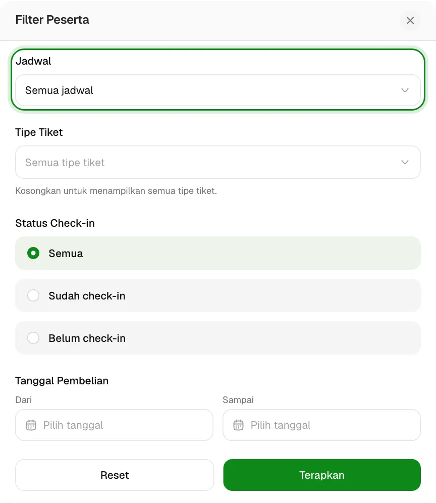 Pilihan Jadwal di jendela Filter peserta.