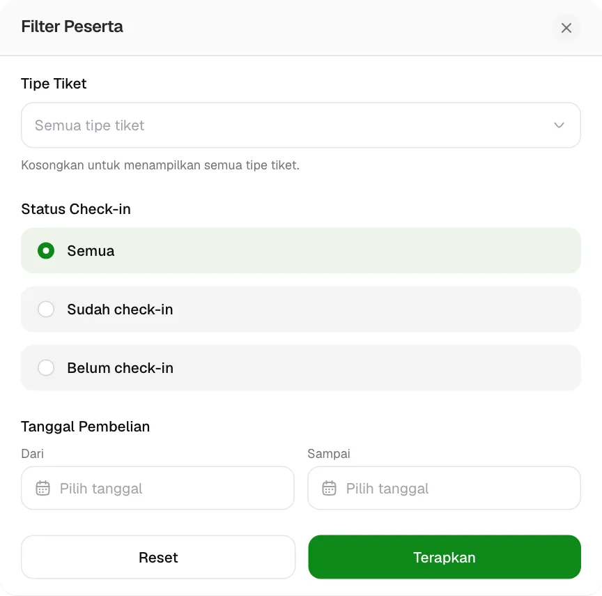 Pilih tipe tiket di Filter, lalu ekspor untuk satu file per kategori.