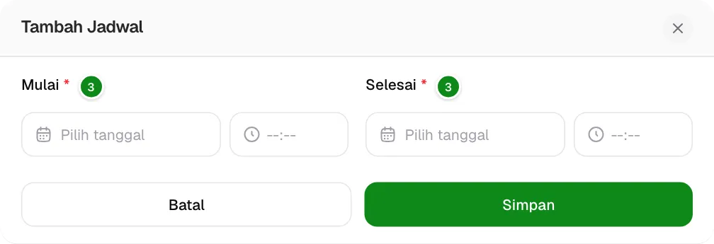 Form Tambah Jadwal dengan isian Mulai dan Selesai.