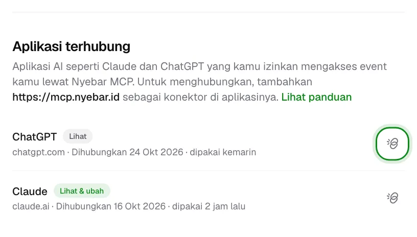Bagian Aplikasi terhubung di Pengaturan berisi ChatGPT dan Claude dengan tombol Putuskan.