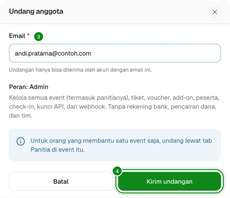 Form Undang anggota dengan email dan peran Admin.