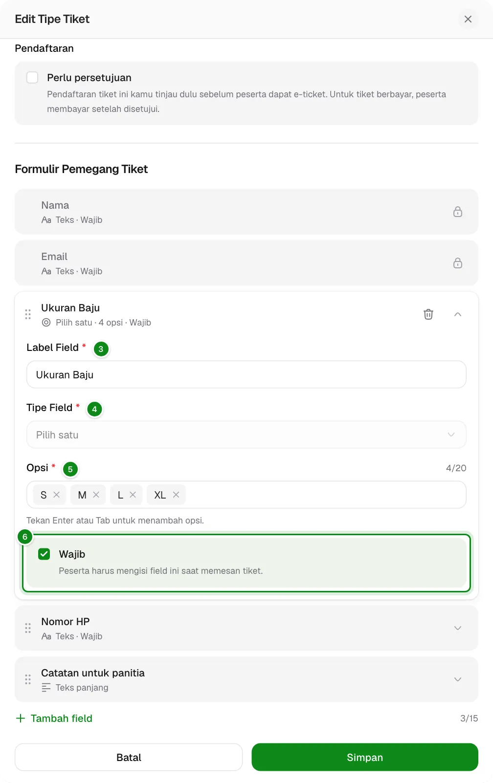 Pertanyaan kustom ditambahkan di bagian Formulir Pemegang Tiket.