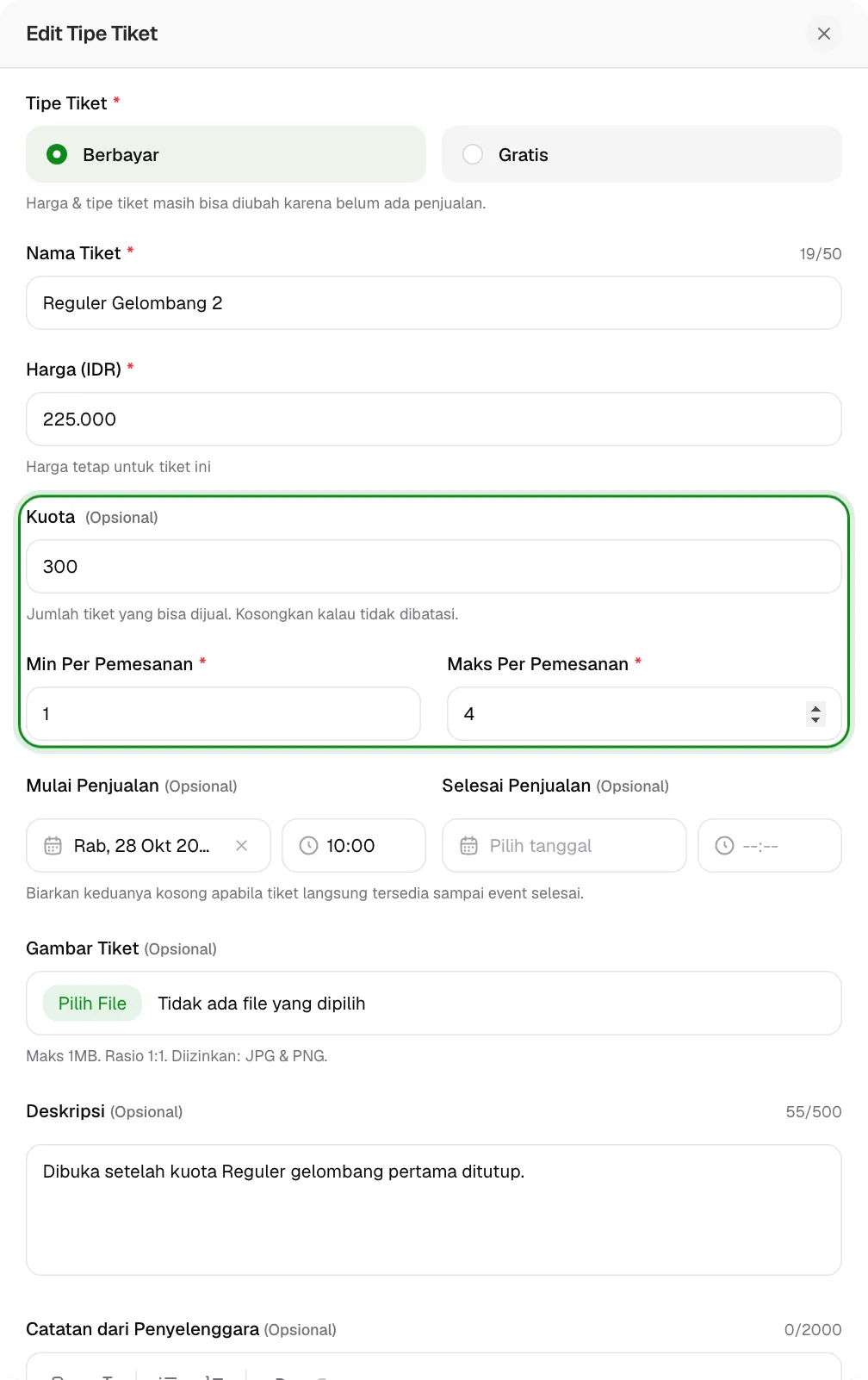 Kuota serta batas minimum dan maksimum per pemesanan.