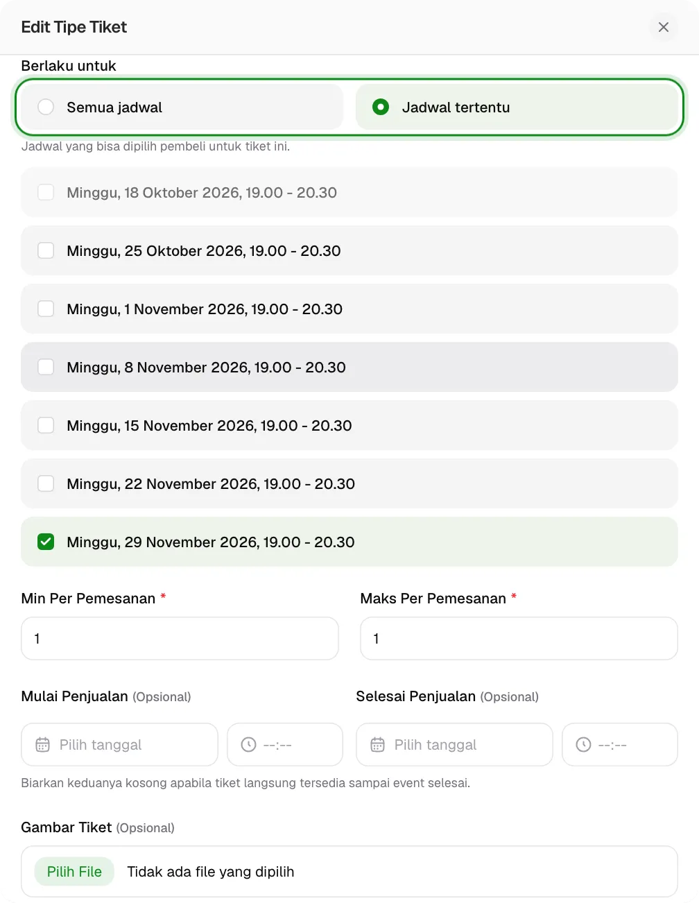 Isian Berlaku untuk di form tipe tiket dengan pilihan Semua jadwal dan Jadwal tertentu.