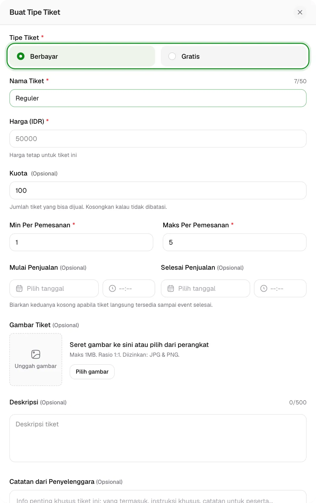 Pilih Gratis atau Berbayar di field Tipe Tiket.