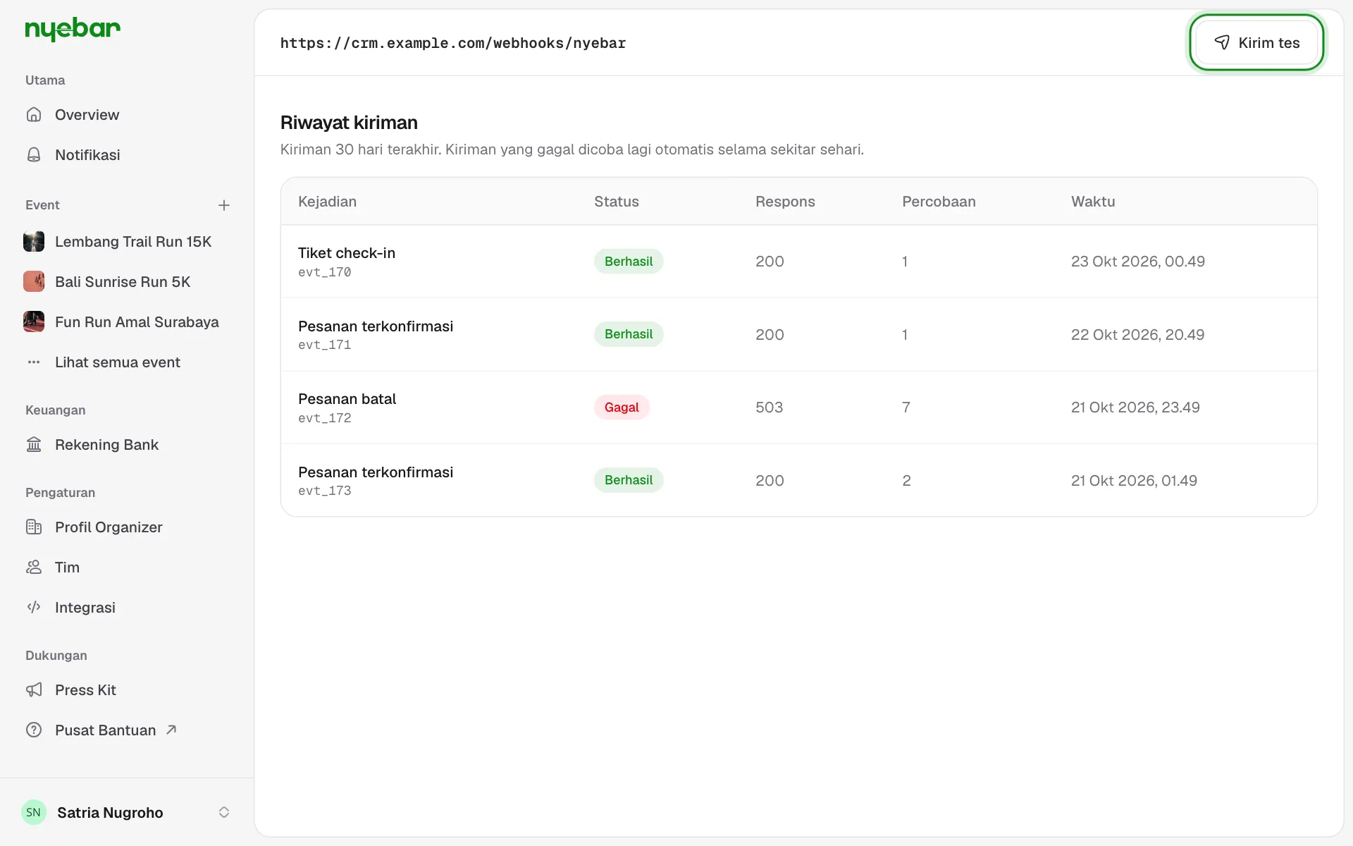 Riwayat kiriman sebuah webhook dengan status, kode respons, dan jumlah percobaan.