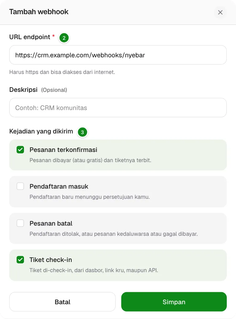 Jendela Tambah webhook berisi URL endpoint, deskripsi, dan pilihan kejadian.