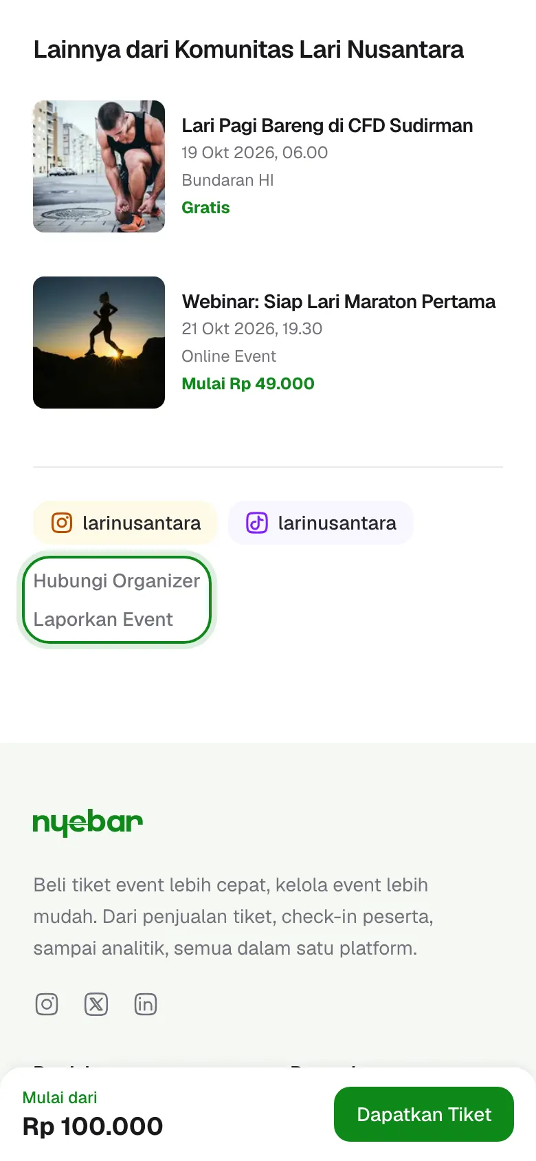Tombol untuk menghubungi penyelenggara dan melaporkan event di halaman event.