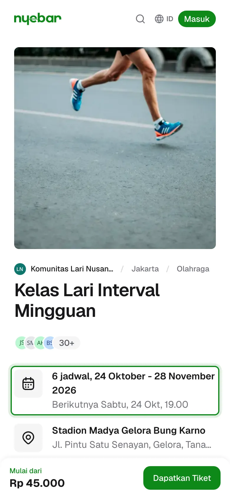 Halaman event menampilkan jumlah jadwal, rentang tanggal, dan jadwal berikutnya.