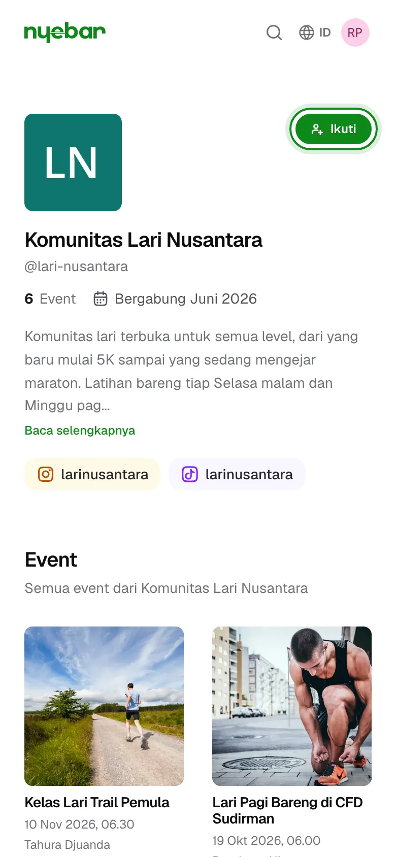 Tombol Ikuti ada di profil publik penyelenggara.