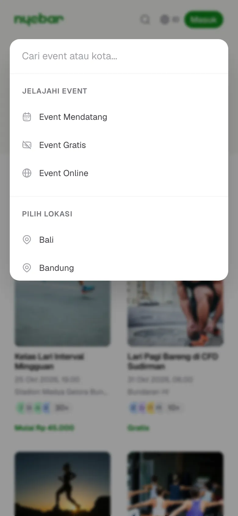 Jendela pencarian dengan daftar kota dan pintasan kelompok event.